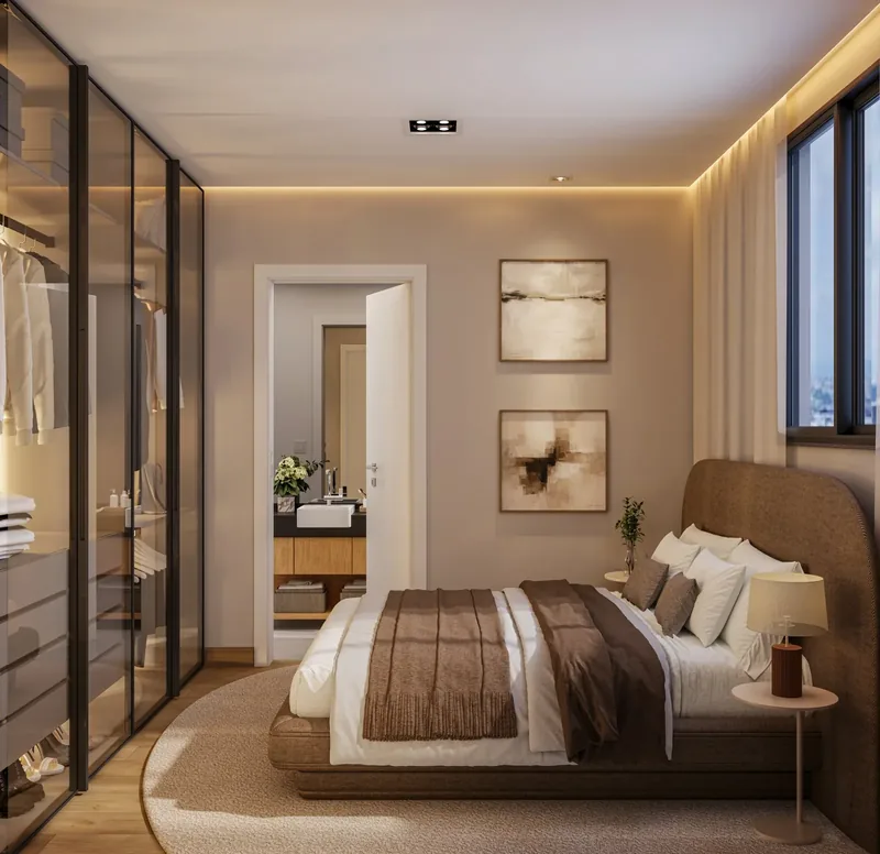 Quarto do studio com closet e banheiro privativo