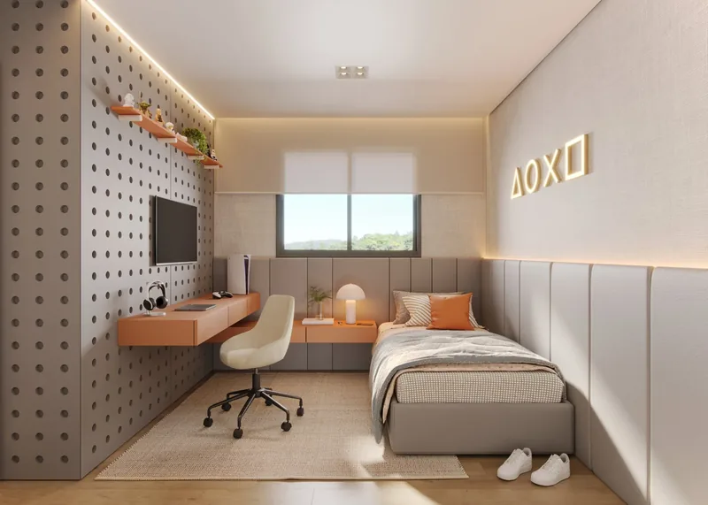 Quarto de solteiro com bancada de estudos