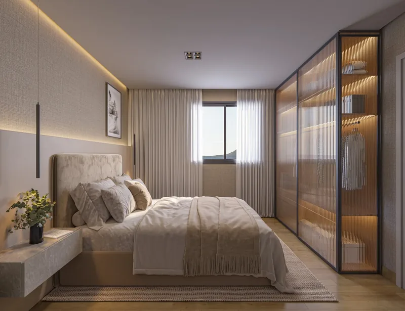 Suíte do apartamento de 2 quartos com closet iluminado