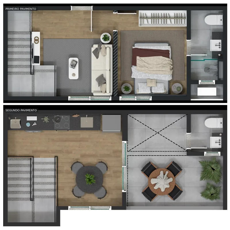 Planta da cobertura duplex de 56,71 m², dois pavimentos com escada interna