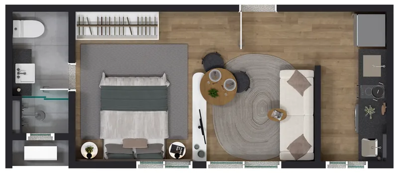 Planta do studio de 28,53 m², ambiente integrado com cozinha, sala, quarto e banheiro