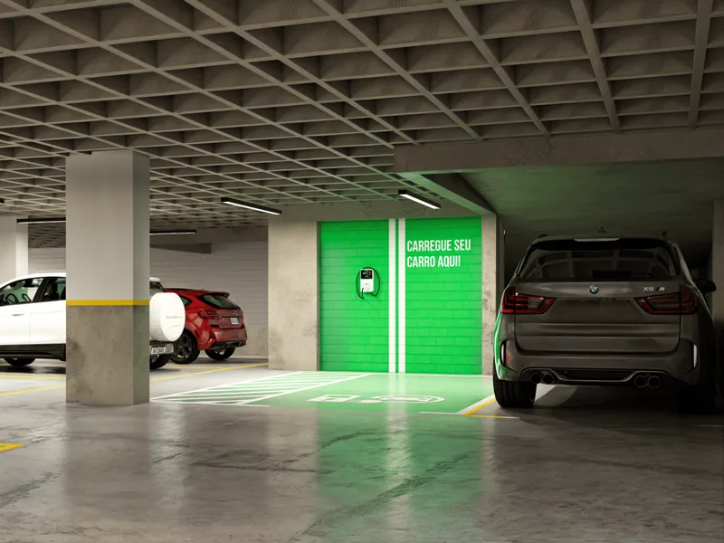 Imagem ilustrativa de vaga na garagem com ponto para recarga de veículo elétrico