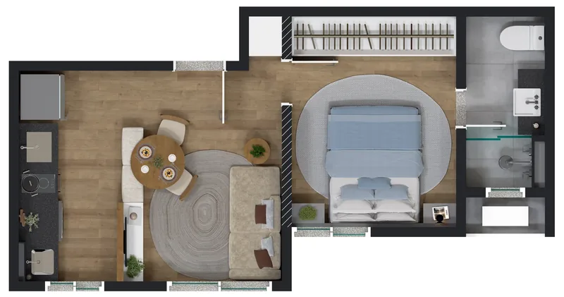 Planta do studio de 29,09 m², sala e cozinha integradas com quarto separado