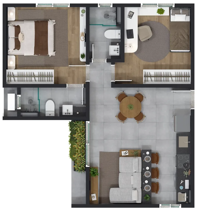 Planta do apartamento de 2 quartos com suíte, 54,46 m², living integrado
