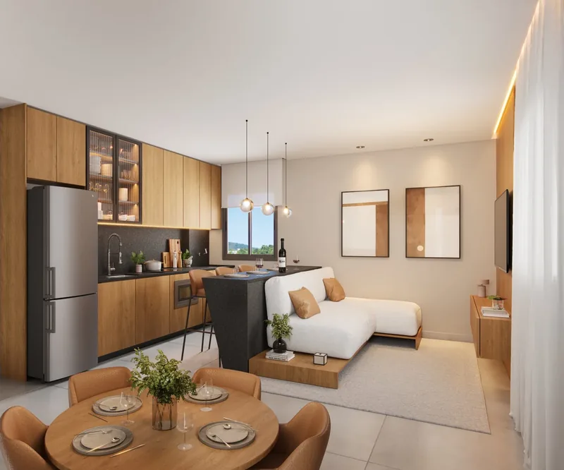 Sala de estar, jantar e cozinha integradas do apartamento de 2 quartos